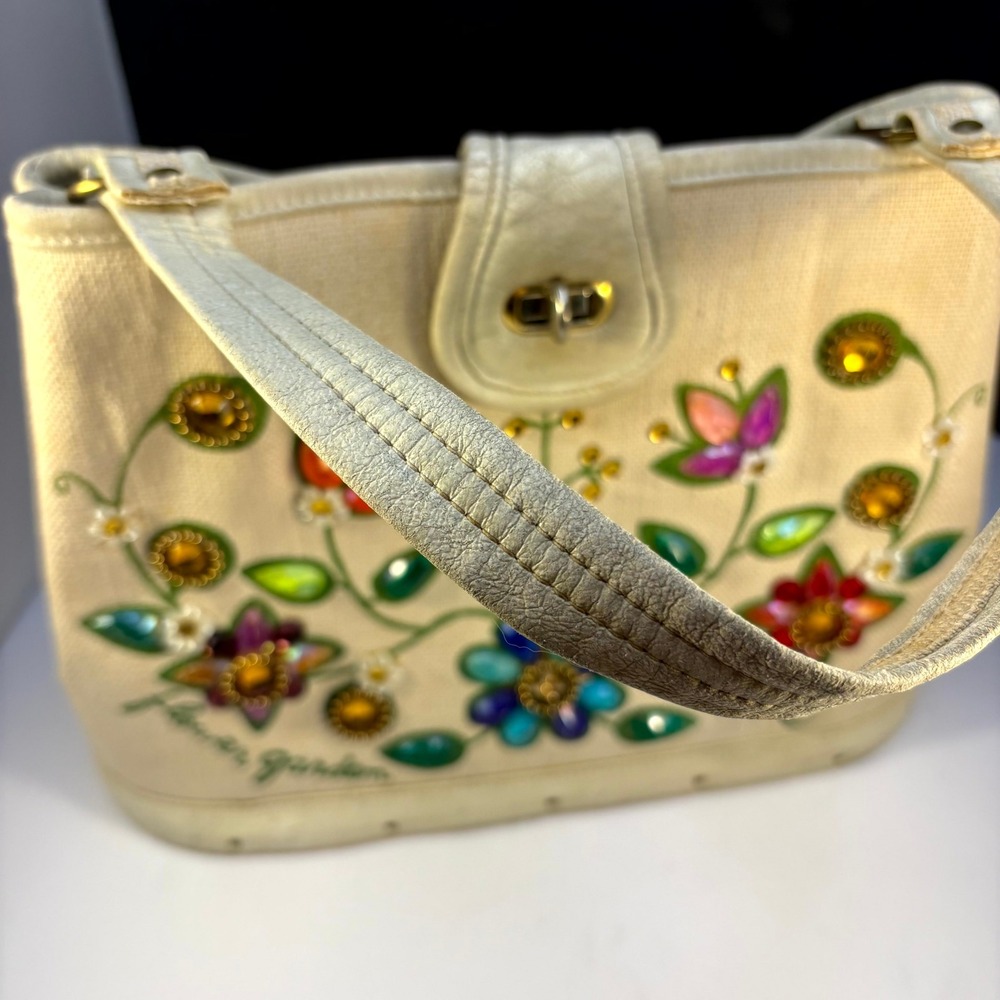 Vintage Enid Collins Flower Garden Jeweled Canvas Leather Handbag Horse Logo - Picture 2 of 15